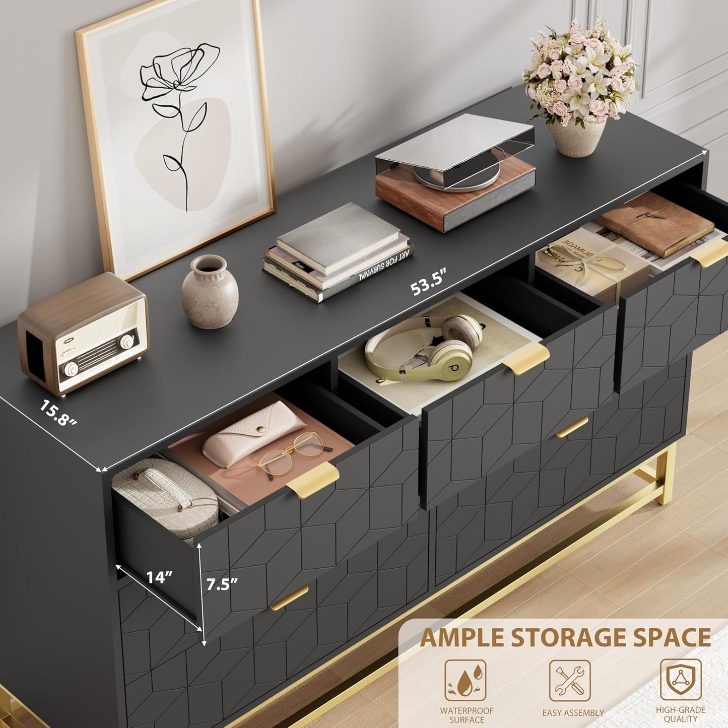 GAOMON Dresser for Bedroom, 53.5" Wide Dresser Organizer, 7 Drawer with Golden Metal Handle and Legs, Modern Chest of Drawers for Closet, Hallway, Living Room, Entryway, Black