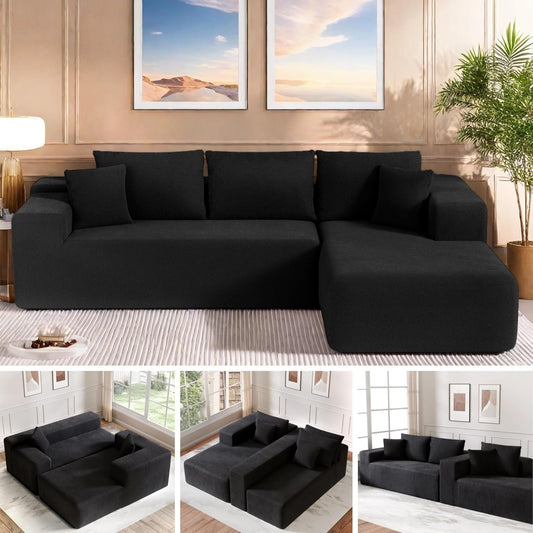 Cloud Sectional Couch, 104”L-Shape Oversized Sofa with Left Chaise Lounge, Modular Sleeper Couch with Pillows & Deep Seat, Rain Drop Velvet Fabric Compressed Sofa for Living Room, Black