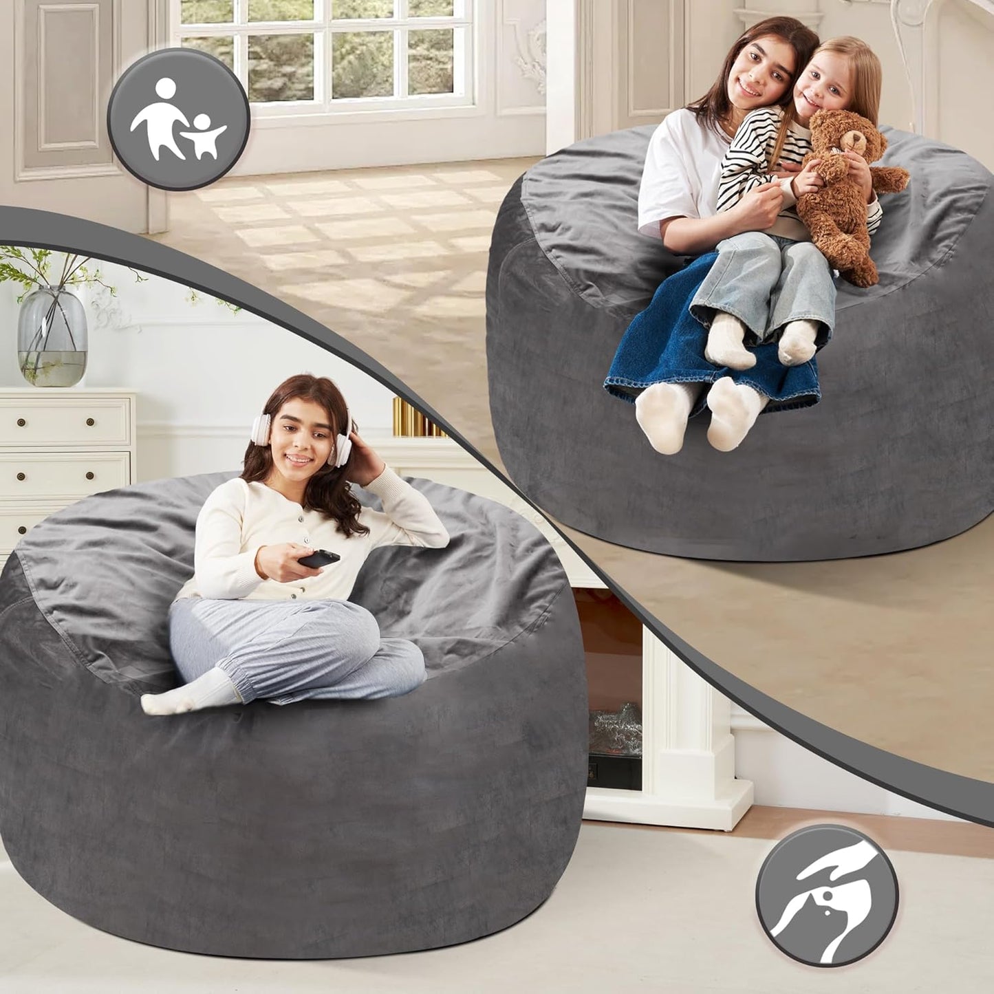 Homguava 4 FT Bean Bag Chair: 4' Bean Bags with Memory Foam Filled, Large Beanbag Chairs Soft Sofa with Dutch Velvet Cover-Grey