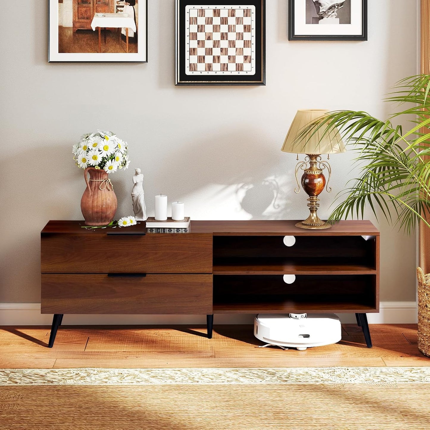 HollyHOME Wood TV Stand for TVs up to 65", Mid Century TV Stand with Storage, Modern Entertainment Center with 2 Drawers, Accent TV Media Console Table for Living Room, 53"(L), Retro Brown