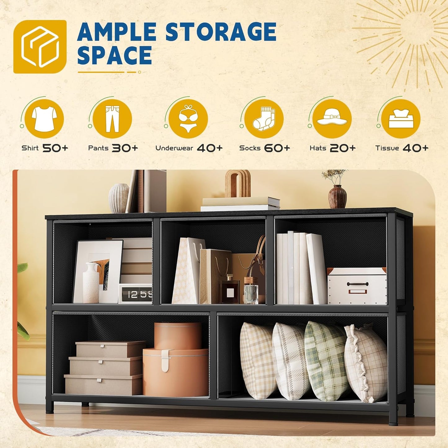 DWVO Dresser with 5 Drawers - Fabric Storage Tower, Organizer Unit for Bedroom, Living Room, Closets - Sturdy Steel Frame, Wooden Top