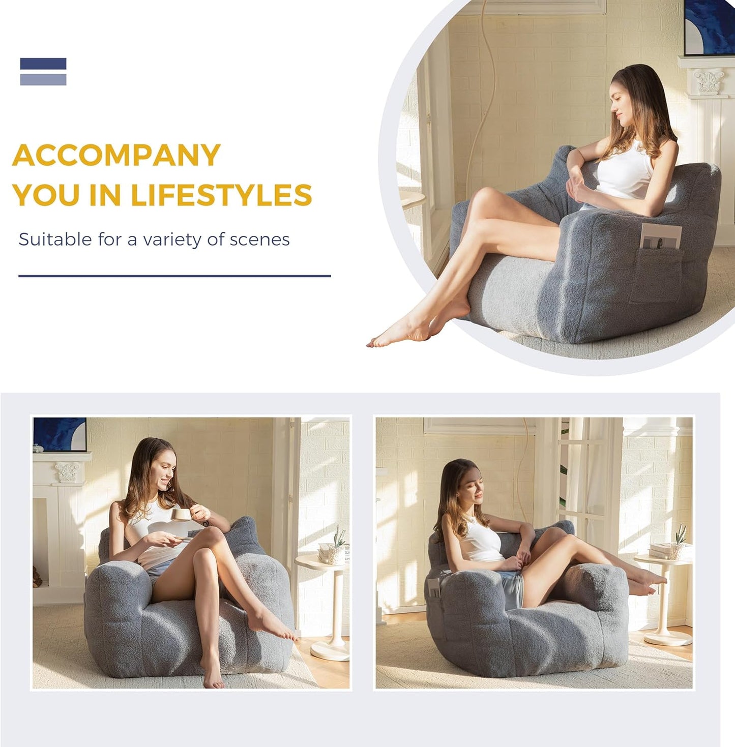 MAXYOYO Bean Bag Chair, Tufted Bean Bag Sofa with Boucle Fabric, Comfy Lazy Chair with Filler, Living Room Sofa for Adults Teens, Accent Couch for Bedroom Dorm, Grey