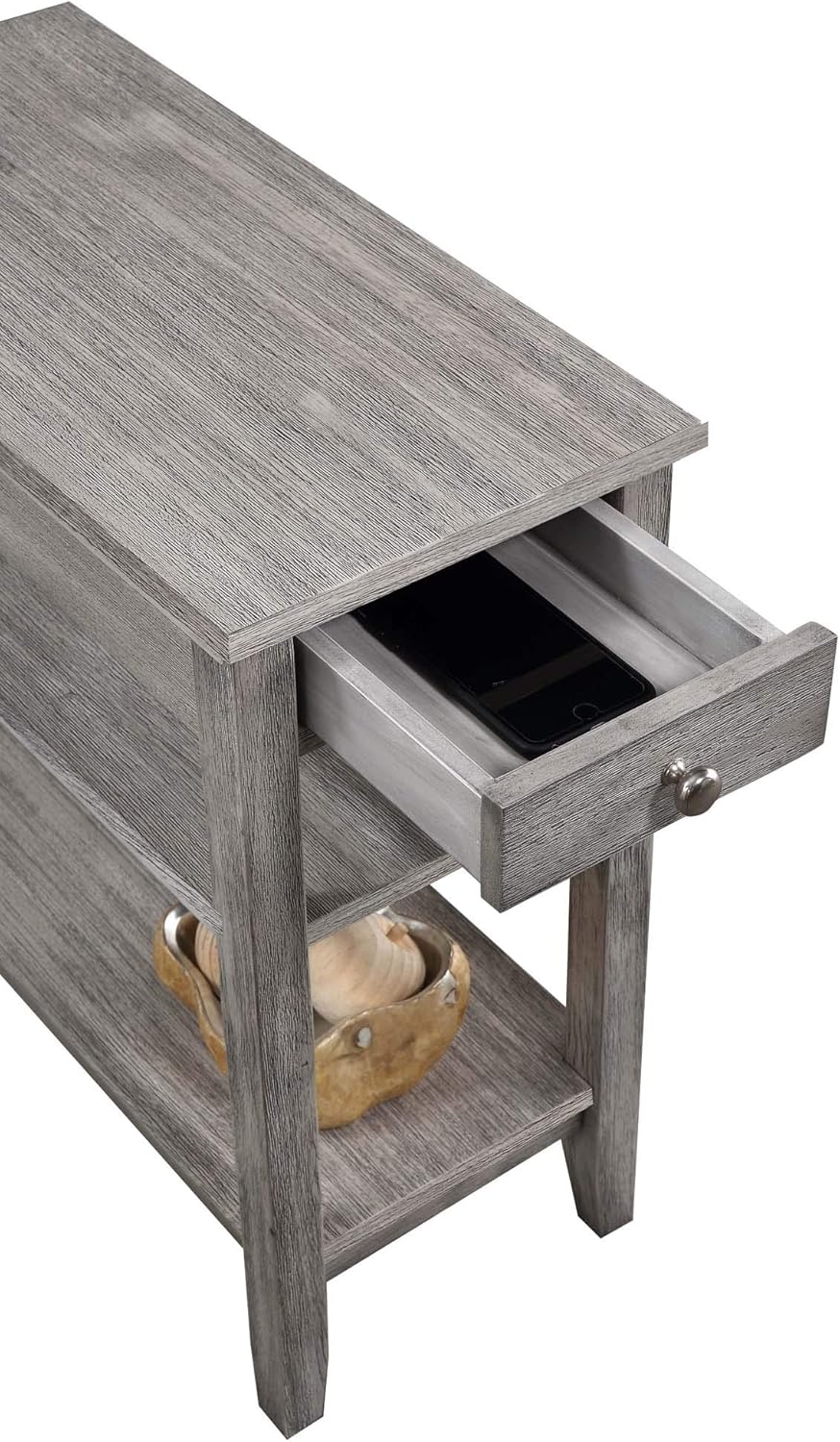 Convenience Concepts American Heritage Chairside End Table with Drawer 23.5" - Classic Living Room Table with Storage Shelf, Bedroom Nightstand, Wirebrush Light Gray