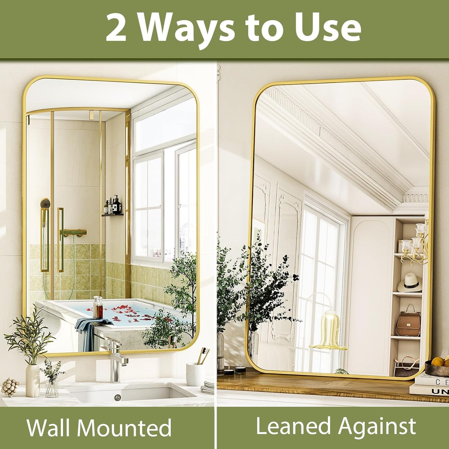 26 x 38 Inch Bathroom Mirror, Rounded Rectangular Vanity Mirror for Wall, Modern Mirror for Room Decor, Gold Framed Wall-Mounted Mirrors for Home Decor, Hangs Horizontally or Vertically
