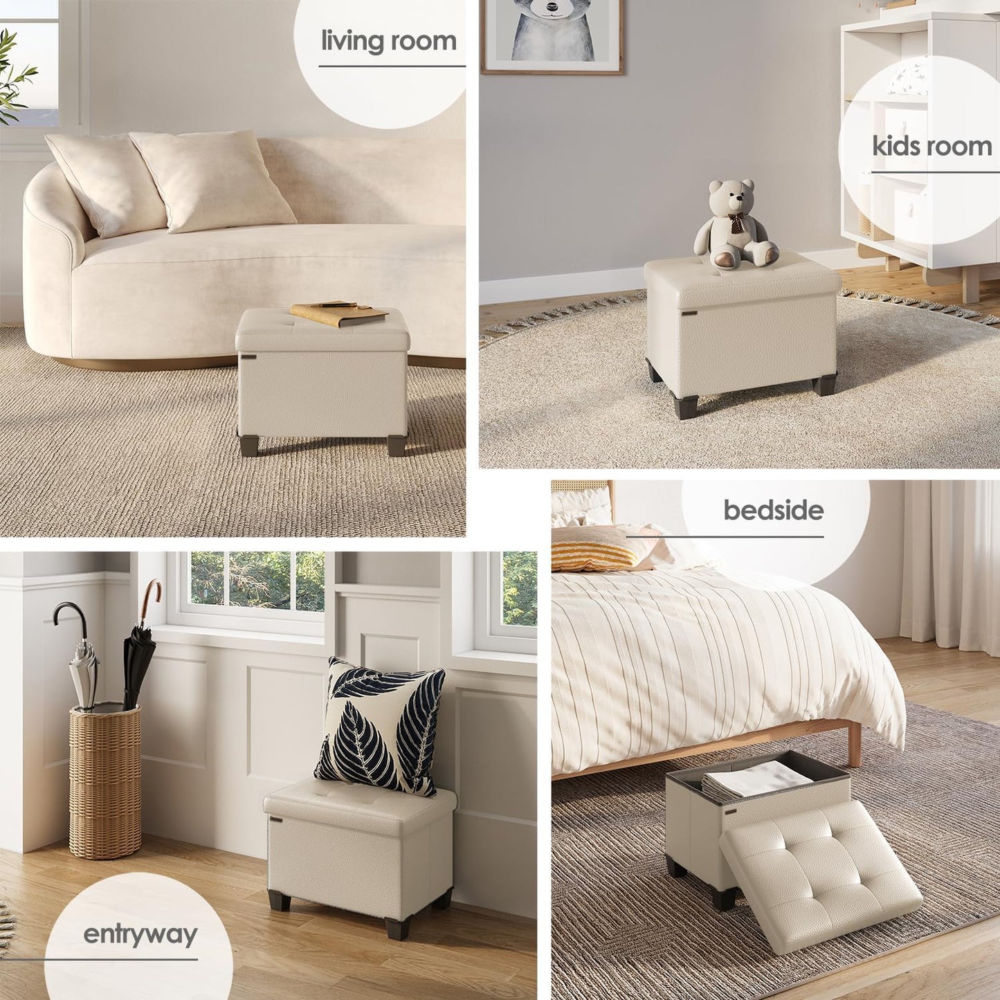 STORAGEBUD Storage Ottoman Cube with Small Bin, 16-in Square Ottoman with Storage for Living Room and Bedroom, Small Ottomans Foot Rest, Faux Leather Foot Stools Ottomans Max 330lbs, Beige