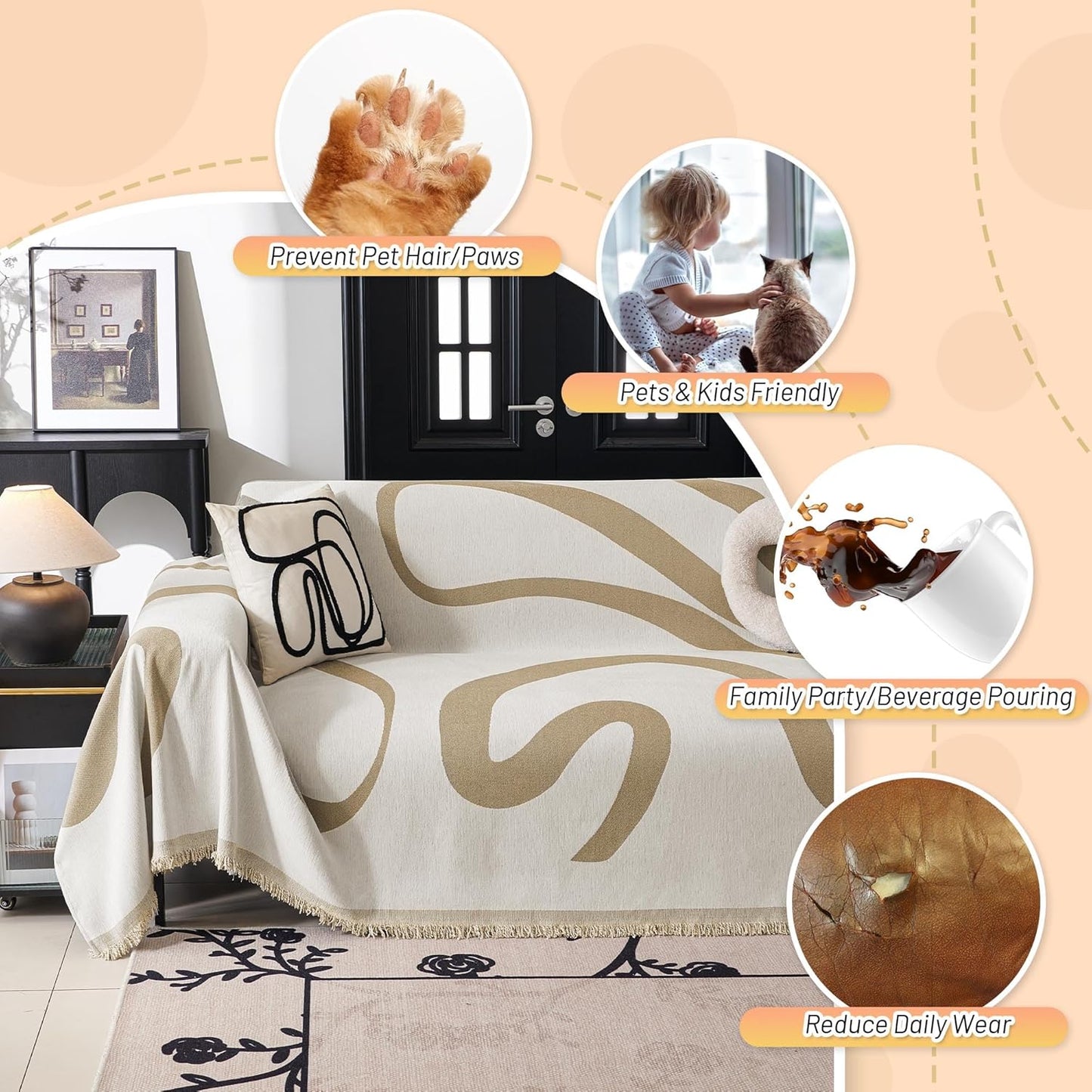 MYSKY HOME Couch Cover for 3 Cushion Couch Sofa Cover, Super Soft Boho Couch Covers for Dogs Washable, Jacquard Sofa Slipcover Furniture Protector for Living Room, 91" x 150", Khaki Curve