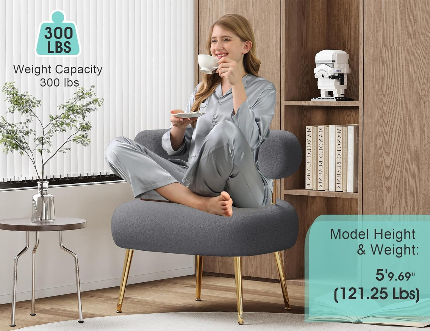 Mid Century Sherpa Boucle Accent Chair, Round Upholstered Barrel Arm Chair for Small Spaces, Fluffy Side Corner Sofa Chair for Living Room, Bedroom, Vanity, Office, Reading Nook(Grey)