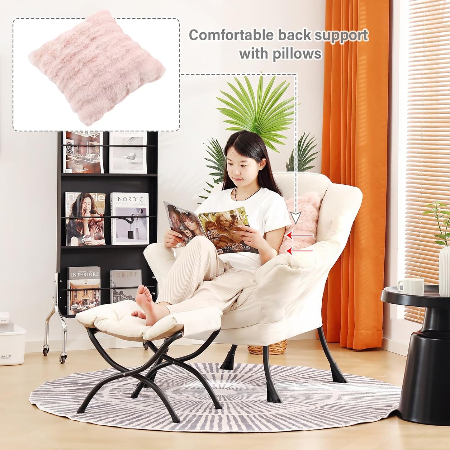 Large Lazy Chair with Ottoman, Accent Reading Chair with a Throw Pillow, Cozy Lounge Chair with Armrest, Leisure Sofa Chair for Living Room, Bedroom, Dorm, Shadow Grey