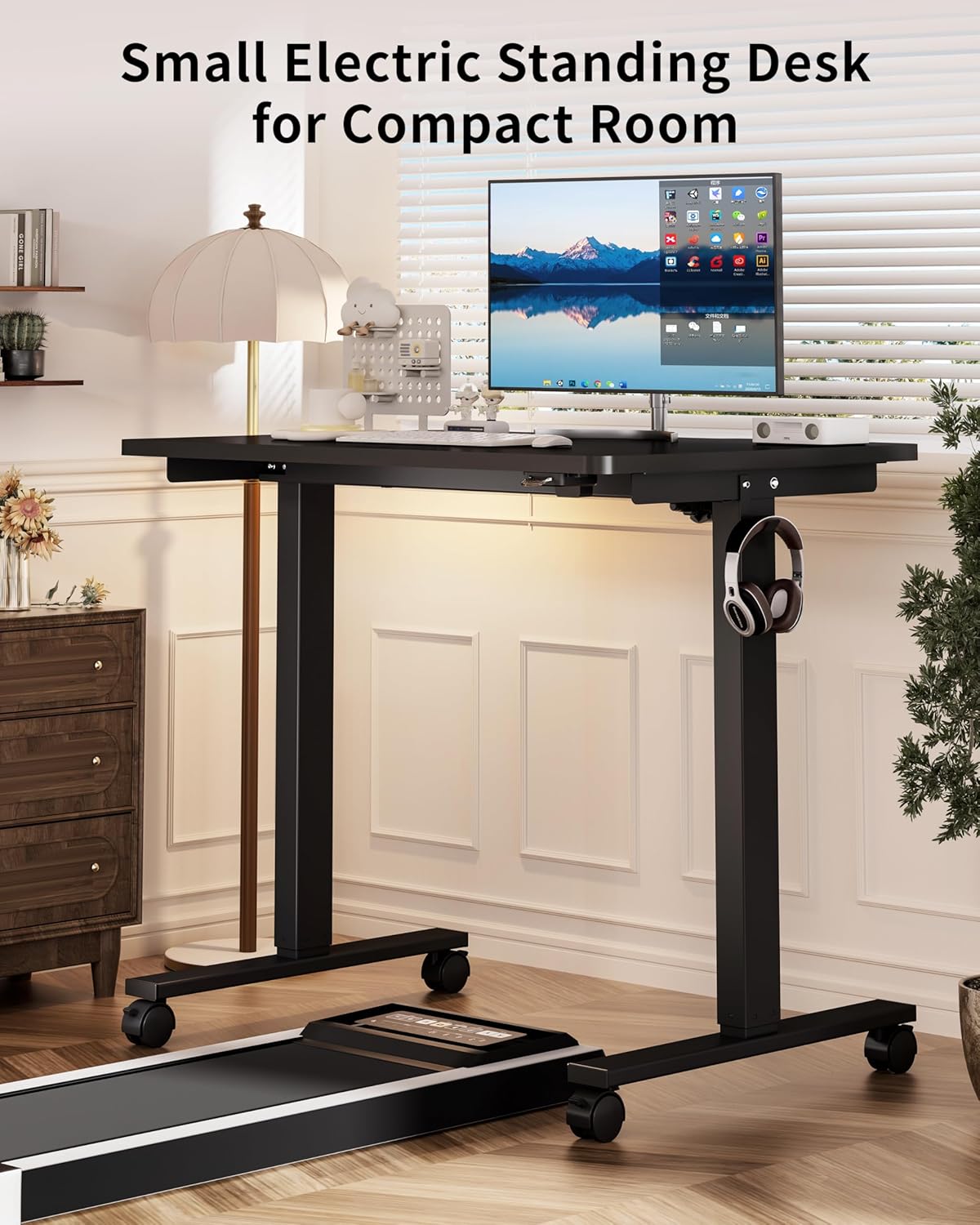 Okin Small Electric Standing Desk, 36" x 24" Whole Piece Height Adjustable Desk, Black Sit to Stand Desks Computer Workstation with Wheels for Home Office