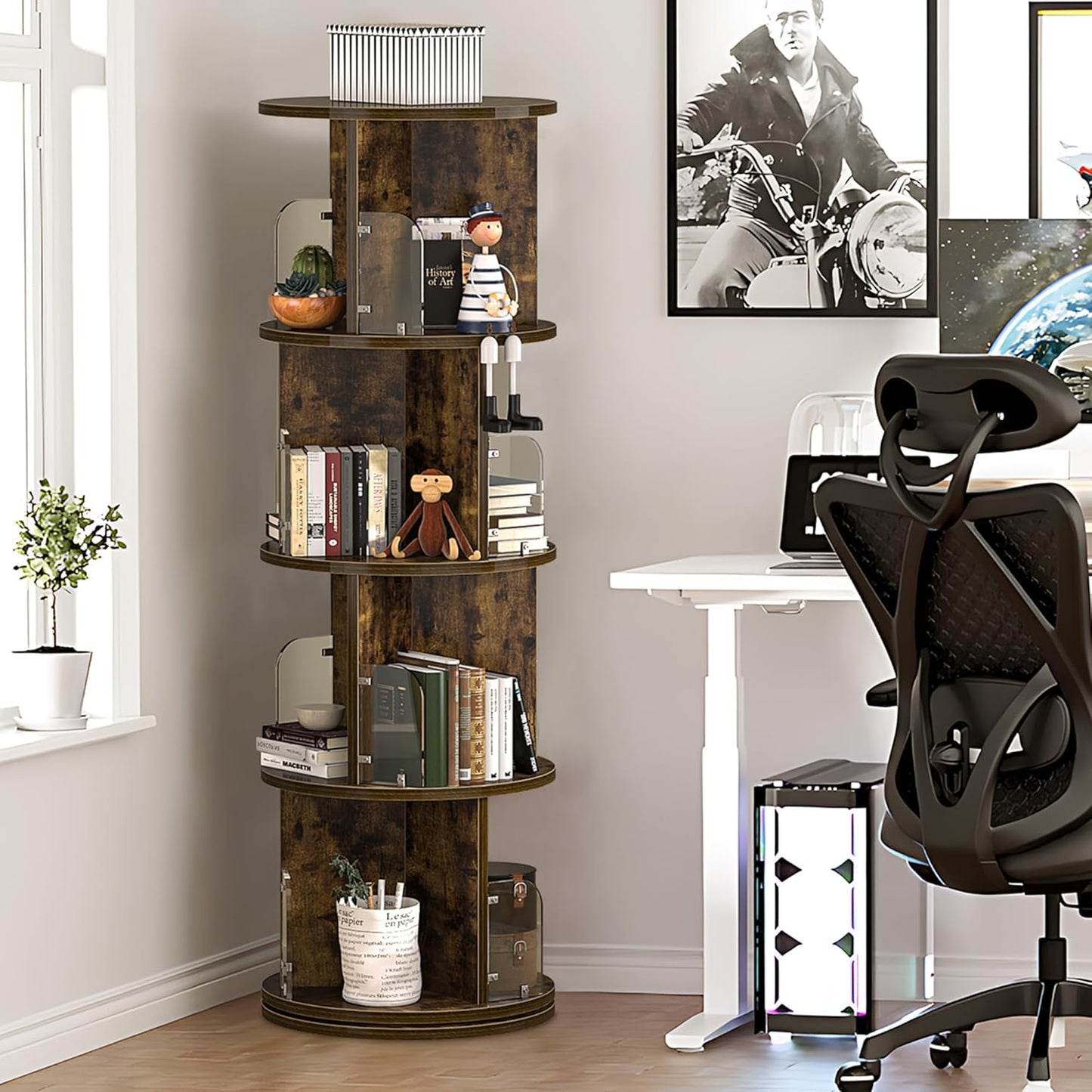 VECELO Rotating Bookshelf Tower, 360°Revolving Bookcase, Modern Tall Book Shelf Storage Display Rack Floor Standing, 4 Tier Storage Rack for Kids&Adults Solid Wood, Brown