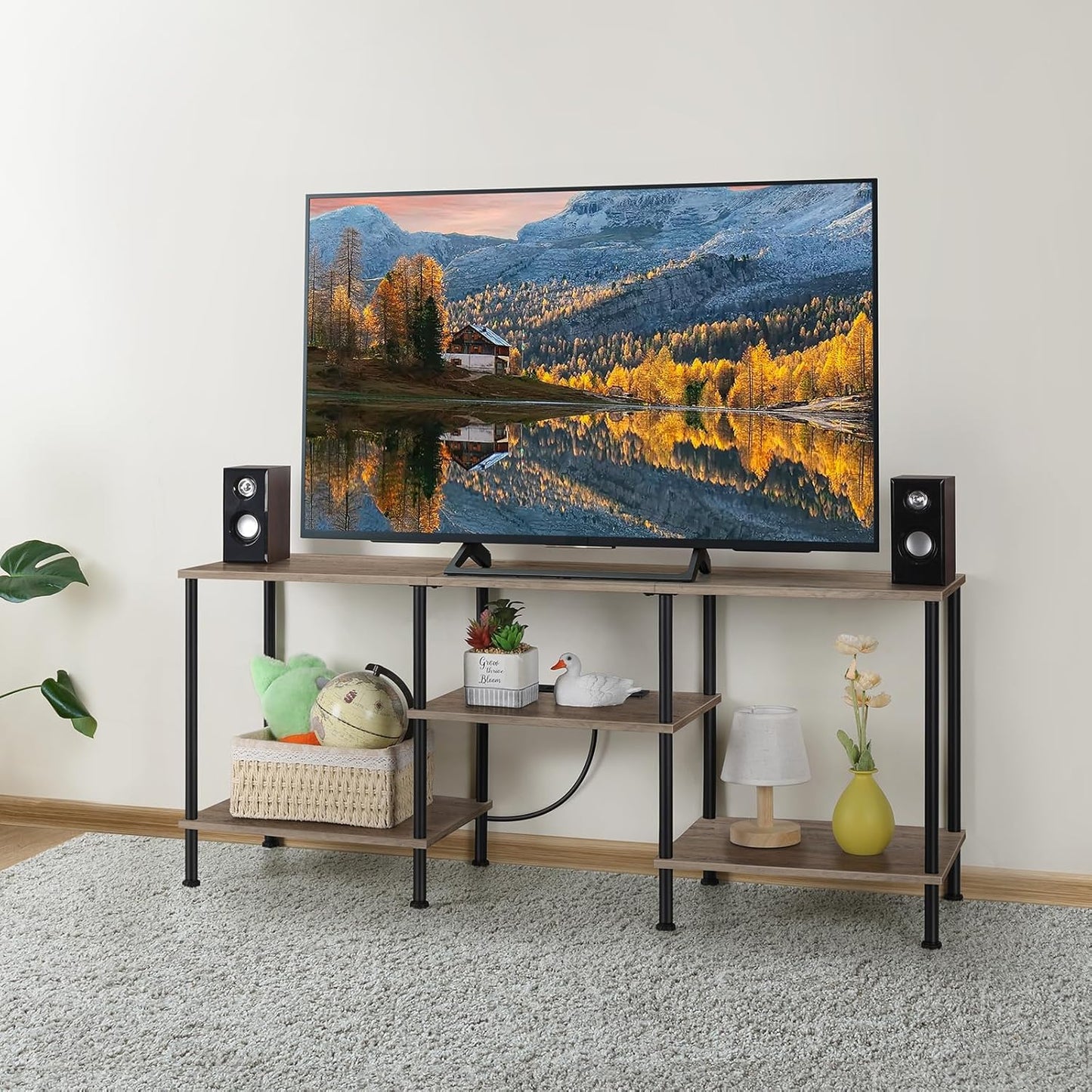 50 Inch TV Stand with Power Outlet Small Entertainment Center with Storage 3 Tier TV Consoles for Living Room Bedroom Office, Farmhouse TV Media Console Table for 50 43 40 32 Inch TV, Rustic Grey