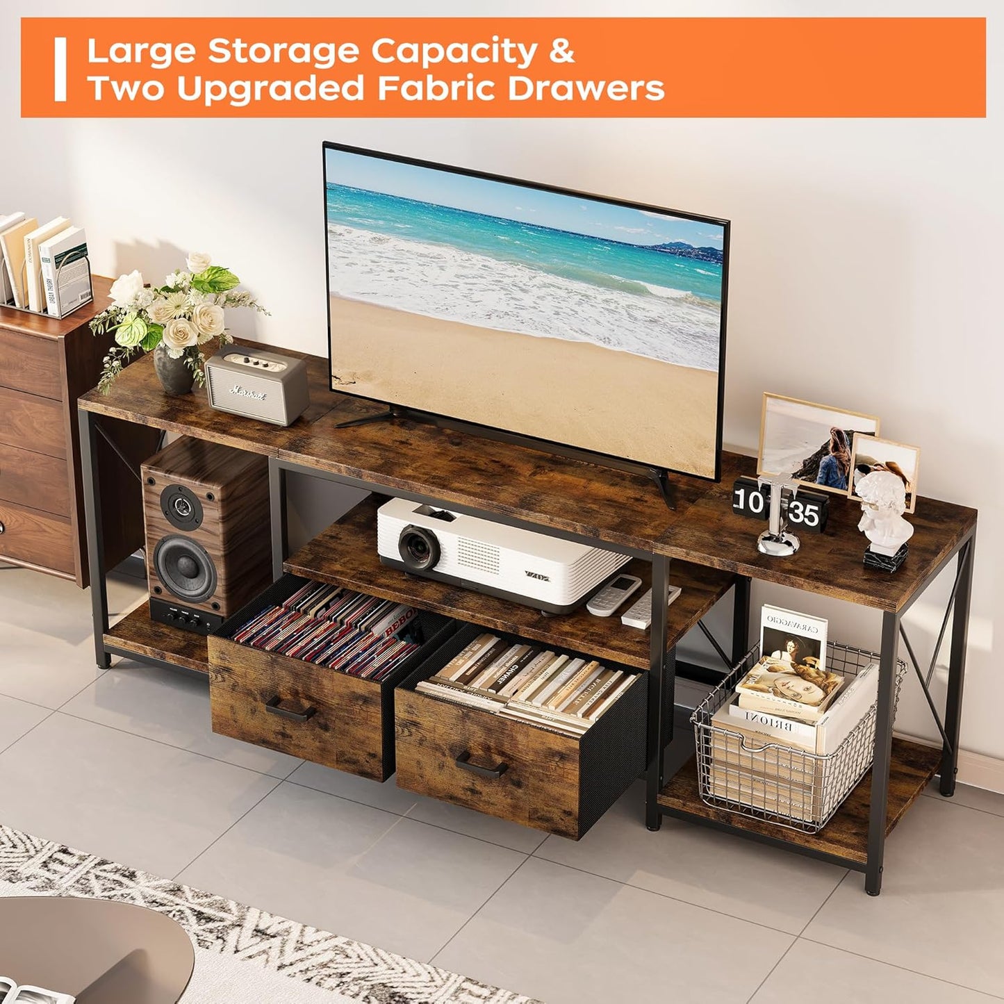 Homeiju TV Stand for TVs up to 75 Inch, Entertainment Center with Fabric Drawers, TV Media Console Table with Open Storage Shelves for Living Room, Bedroom, Rustic Brown