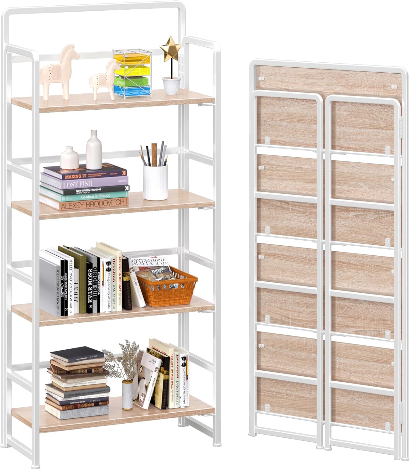 4NM No Assembly Folding Bookshelf, 4-Shelf 54" H Collapsible Foldable Bookcase Storage for Small Spaces, Natural White