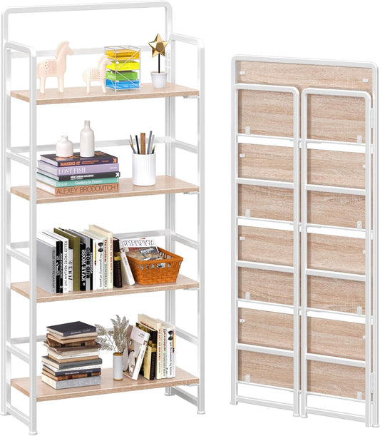 4NM No Assembly Folding Bookshelf, 4-Shelf 54" H Collapsible Foldable Bookcase Storage for Small Spaces, Natural White