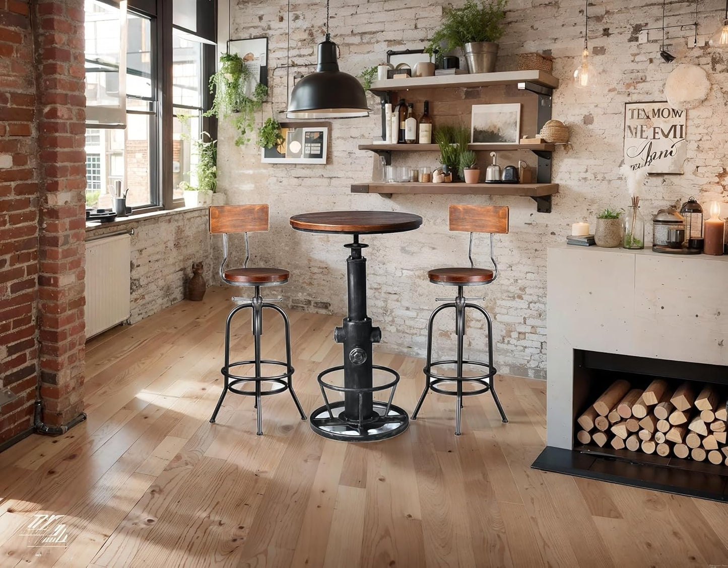 LOKKHAN Industrial Bar Stool-Adjustable Swivel Round Wood Metal Kitchen Stool-26-32.3 Inch-Rustic Farmhouse-Counter Height Extra Tall Bar Height Stool-Arc-Shaped Backrest,Welded,Set of 2