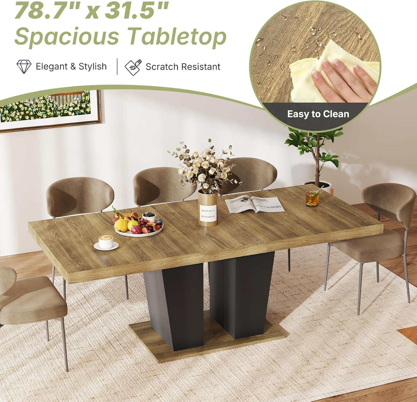 63"-78.7" Expandable Dining Table, 6-10 Rectangle Table, Extendable Console Table, Wooden Farmhouse Kitchen Table with Metal Track & Dual Column Base for Living, Office-Beige Brown