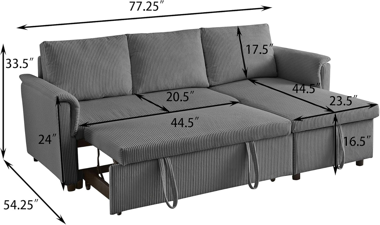 Ball & Cast Reversible Sectional Sofa Couch,L-Shape Sleeper Sofa Bed with Storage Chaise Pull Out Couch for Living Room | Hidden Storage | Pull Out Bed | Removable Backrest | Corduroy Fabric,Gray