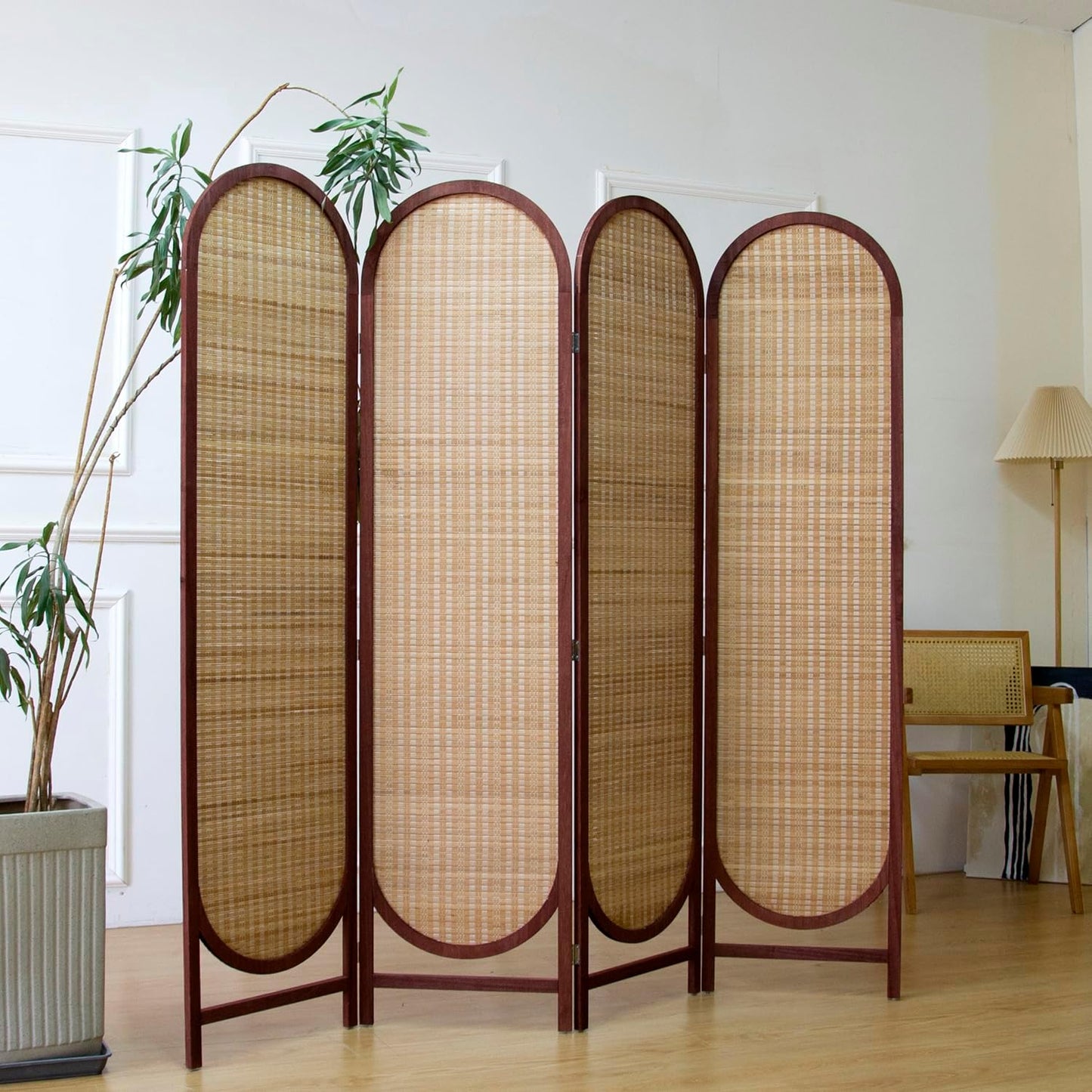 4 Panel Room Divider Screen and Folding Panel Screen in Arch Shape,Double Sided Panel Divider for Room Separation,Light Brown,70.9" H x 70.9" W