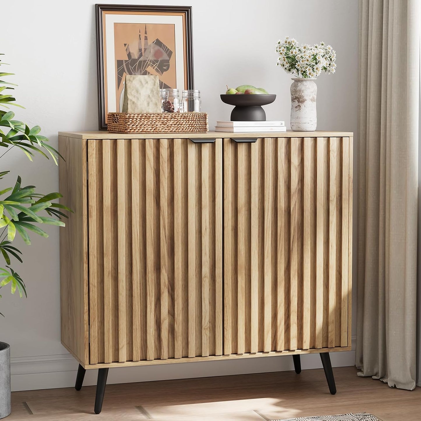 Semiocthome Buffet Cabinet with Storage, Sideboard Cabinet with Fluted Doors and Metal Legs, Storage Cabinet with Adjustable Shelf, Accent Table for Living Room, Kitchen, Entryway - Natural