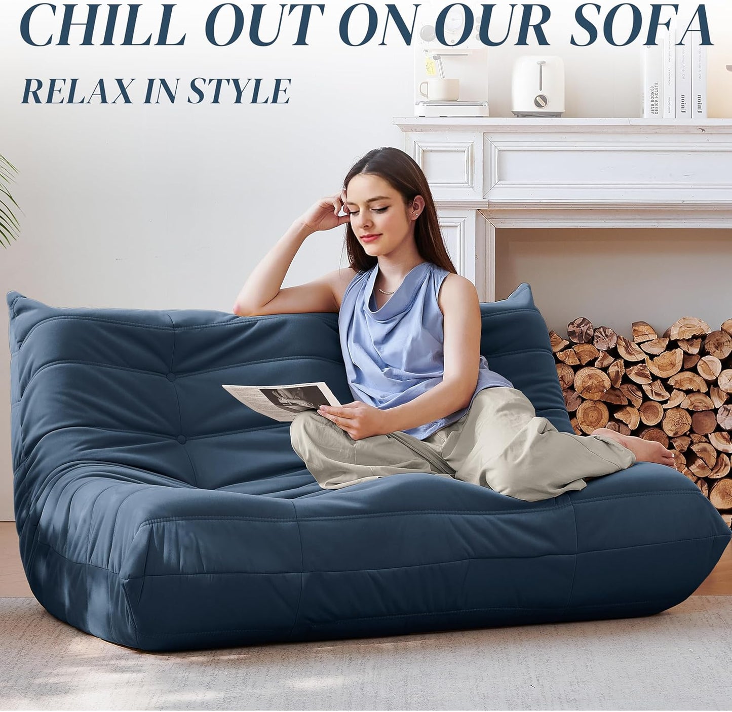 Bean Bag Chair, Loveseat Fireside Chair Bean Bag Sofa for Adults, 2 Seater Bean Bag Chairs for Teens with High-Resilience Foam, Memory Foam Bean Bag for Living Room, Bedroom, Office (Suede, Dark Blue)