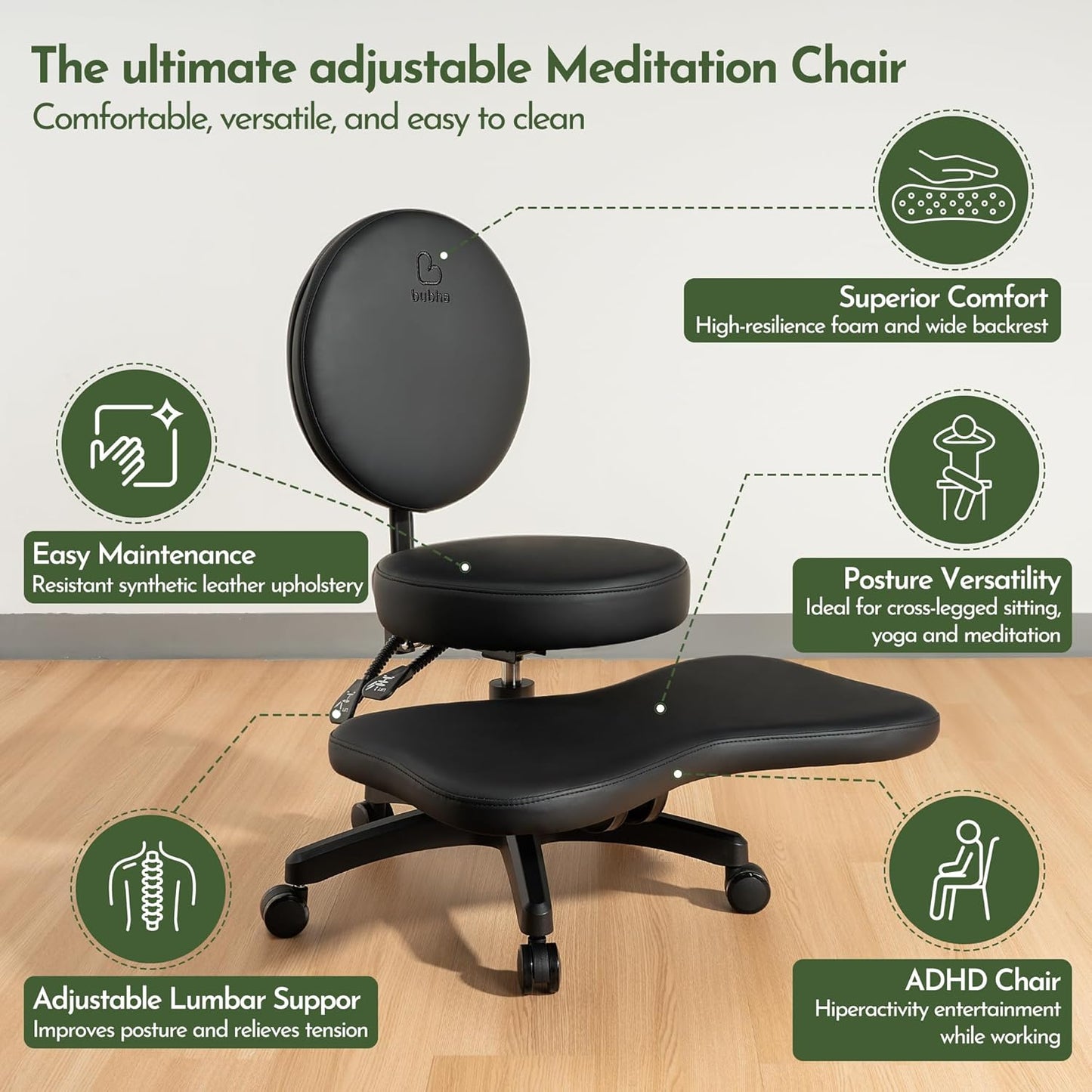 BUBHA Ergonomic Criss Cross Chair, Meditation Chair with Reclining Backrest & Adjustable Height, Cross Legged Office Chair with Wheels, Wide Kneeling Chair Leg Rest,ADHD Desk & Yoga Seat (Black)