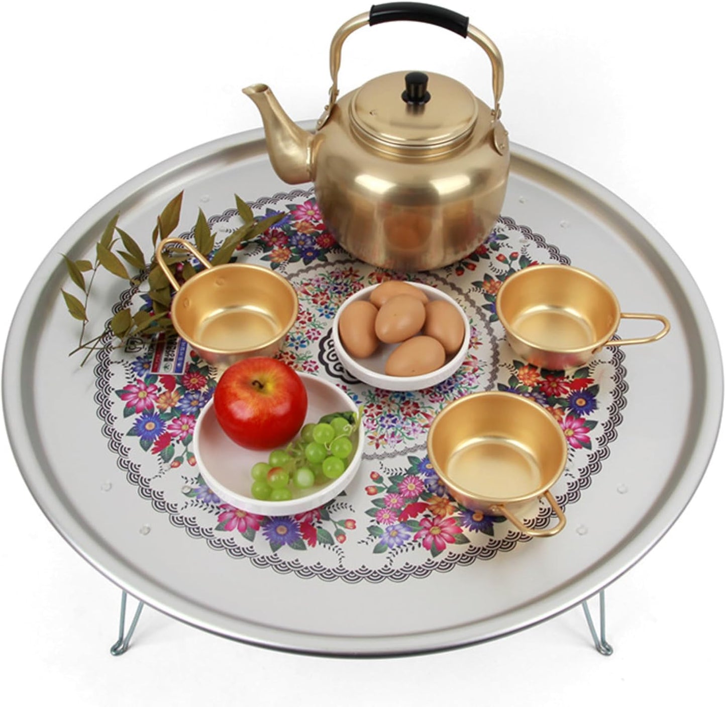Korean Traditional Folding Snack Table – Retro Aluminum “Yang-eun Bapsang” with Flower Pattern (42.5cm)