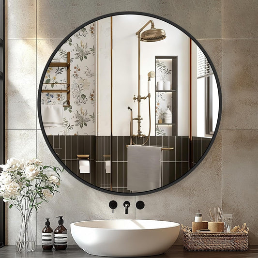 Black Frame Mirror, Bathroom Mirrors for Wall,26'' Round Circle Mirror for Entryway Bedroom Vanity(26'',Black)