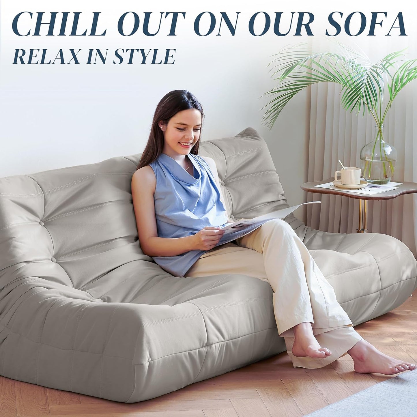 Bean Bag Chair, Large Fireside Chair Bean Bag Sofa for Adults, 3 Seater Bean Bag Chairs for Teens with High-Resilience Foam, Memory Foam Bean Bag for Living Room, Bedroom, Office (Suede, Light Gray)