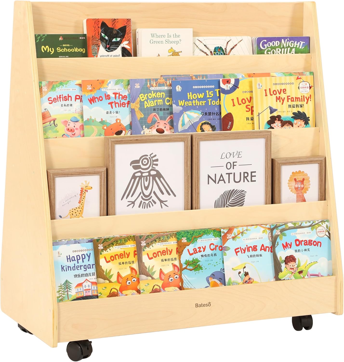 Kids Bookshelf for Toddlers and Babies, Double-Sided Wooden Montessori Bookshelf for Kids Room, Baby Book Shelf with Storage for Nursery, Classroom, Playroom