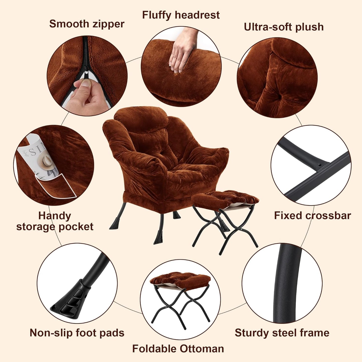 Fabric Lazy Chair with Ottoman, Oversized Upholstered Sofa Chair for Adults, Plush Comfy Lounge Chair with Large Side Storage Pocket, Reading Chair for Living Room, Bedroom, Study Room, Brown