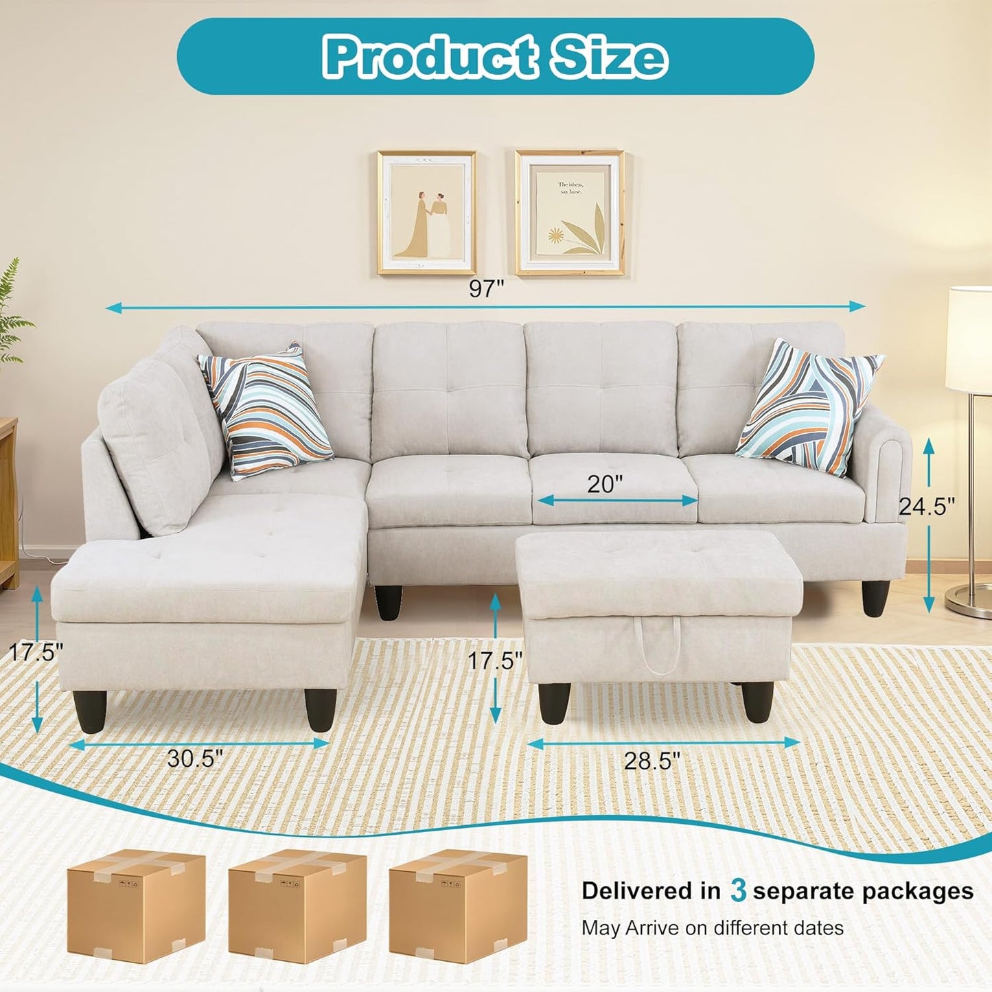 L Shaped Couch Modern Sectional Couch Upholstered Fluffy Fabric 3 Pieces Sofas for Living Room with Chaise, Storage Ottoman for Office and Small Apartment, Light Grey