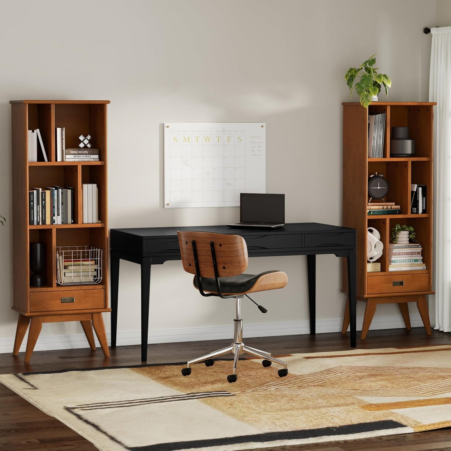 SIMPLIHOME Draper 22 inch Mid-Century Modern 6 Cubbie Bookcase with Drawer (Set of 2) in Teak Brown for The Living Room, Study Room and Office