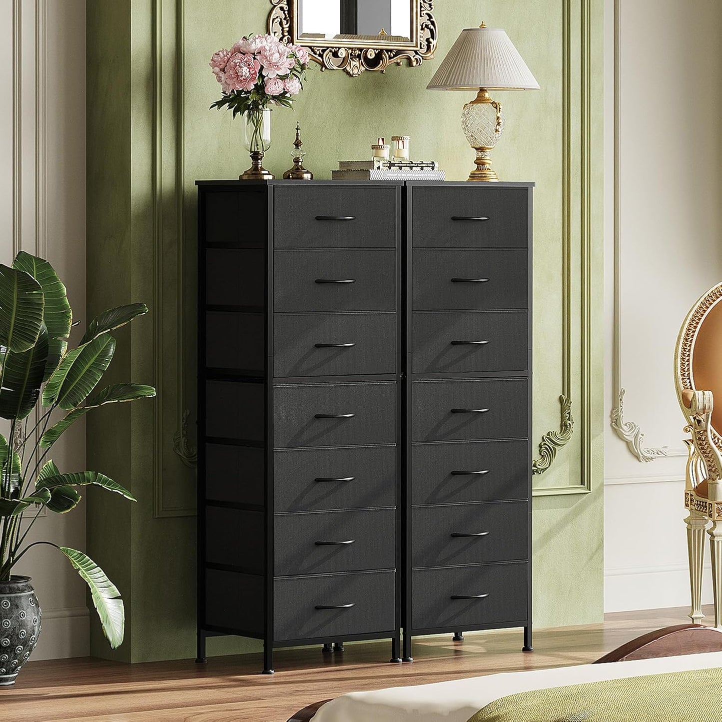 WLIVE Black Tall Dresser for Bedroom, 7 Drawer Dressers & Chests of Drawers, Fabric Dresser for Closet, Living Room, Night Stand with Metal Frame, Storage Tower with Fabric Bins, Wood Top