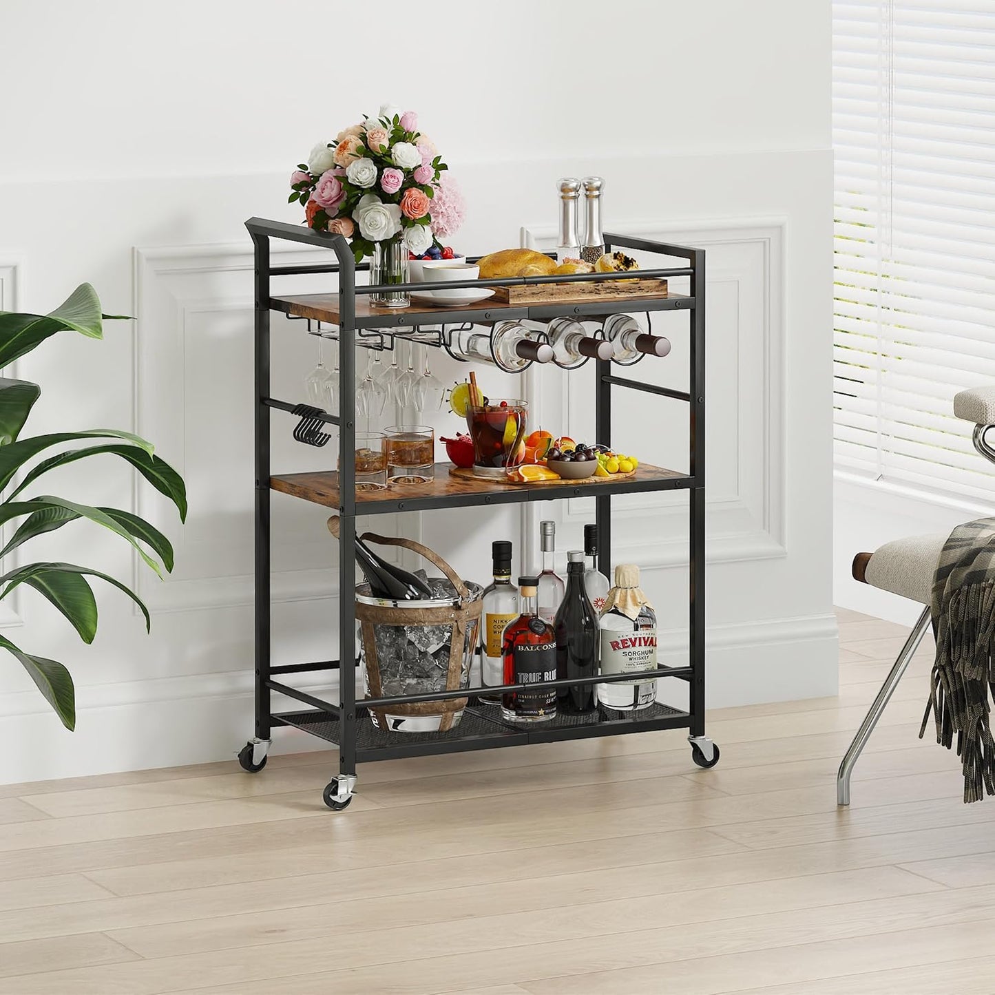 3 Tier Bar Cart, Home Bar Serving Cart with Wheels, Small Rolling Beverage Cart with Glass Holders, Mini Drink Cart with Wine Rack for Kitchen Dining Living Room Rustic Brown GBC507R