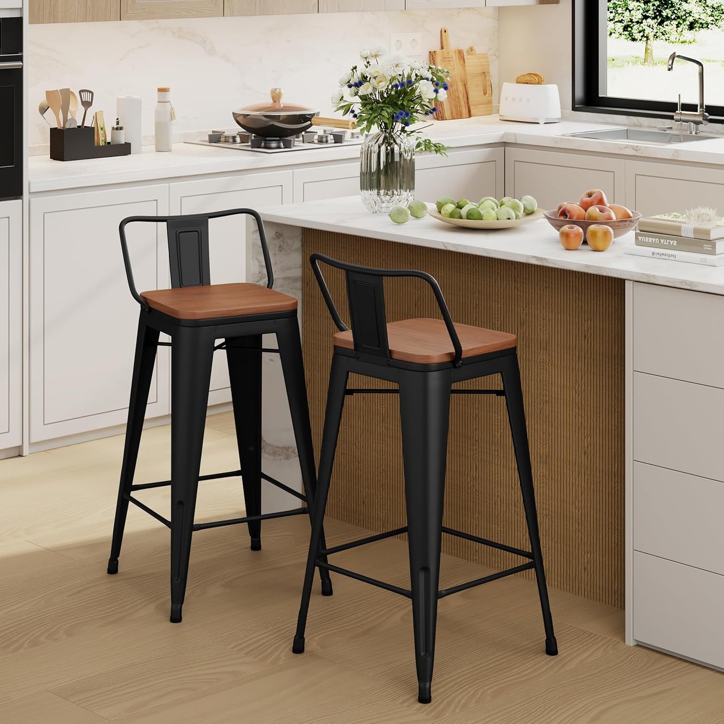 Yongchuang 26" Metal Barstools Set of 2 Counter Bar Stools with Wood Top Low Back Matte Black