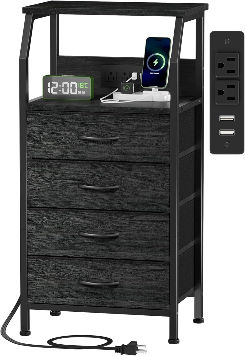 Furnulem Night Stand with Charging Station, 4 Drawer Dresser with Storage Shelf, 33.3 Inch Tall Side Table, Fabric End Table for Closet, Entryway, Bedside Furniture, 3 Ways to Use, Black Oak
