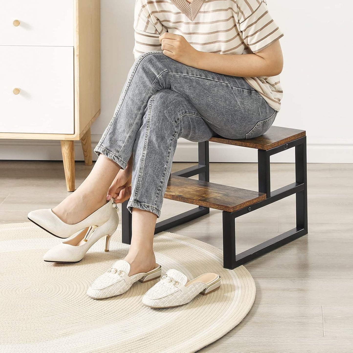 IBUYKE 2-Step Wooden Step Stools for Adults Kids, Heavy Duty Bedside Step Stool with 500 Lbs Capacity, Non-Slip Stepping Foot Stool for Bedroom Livingroom Bathroom Kitchen, Rustic Brown TBD002H