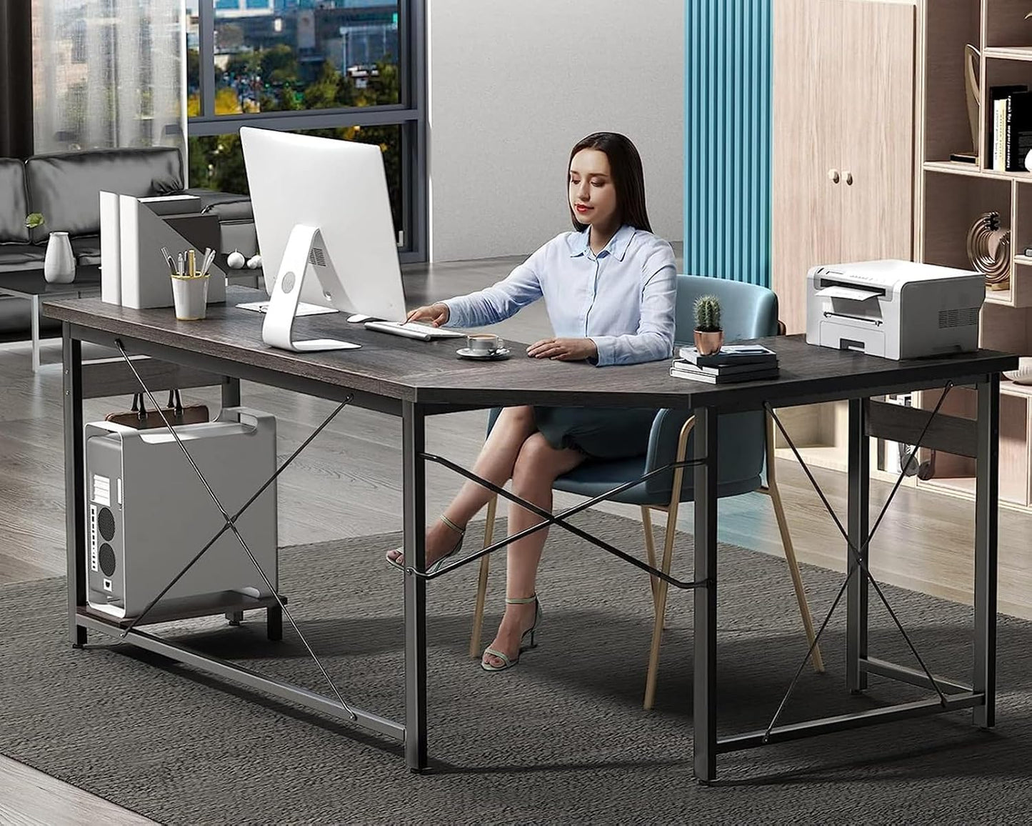 Coleshome 66" L Shaped Gaming Desk, Corner Computer Desk, Sturdy Home Office Computer Table, Writing Desk, Larger Gaming Desk Workstation, Grey Oak