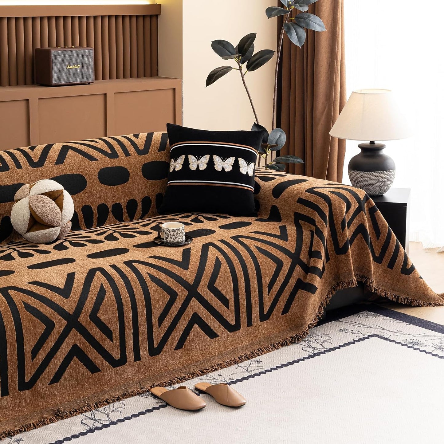 HANDONTIME Boho Couch Cover Geometric Striped Pet Covers for Couches and Sofas Copper Brown and Black Dog Cover for Couch Pet Friendly Chenille Sectional Sofa Covers for Pets Washable, 71" X 134"