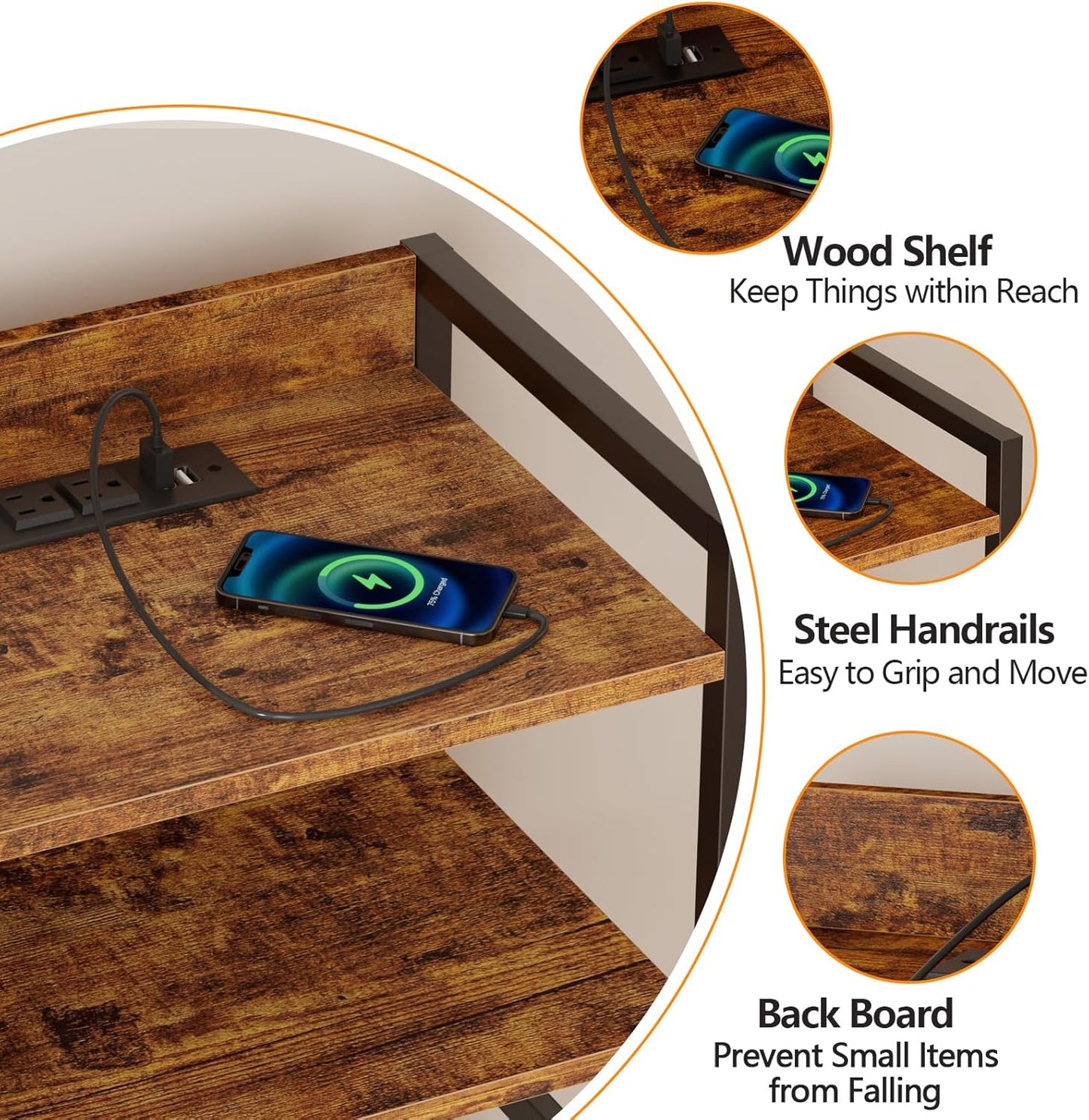 Furnulem Night Stand with Charging Station and Led Light, 4 Drawer Dresser for Bedroom, Small Nightstand Bedside Table, Fabric Bins, Metal Frame, Wood Shelf, Side Furniture(Rustic Brown)