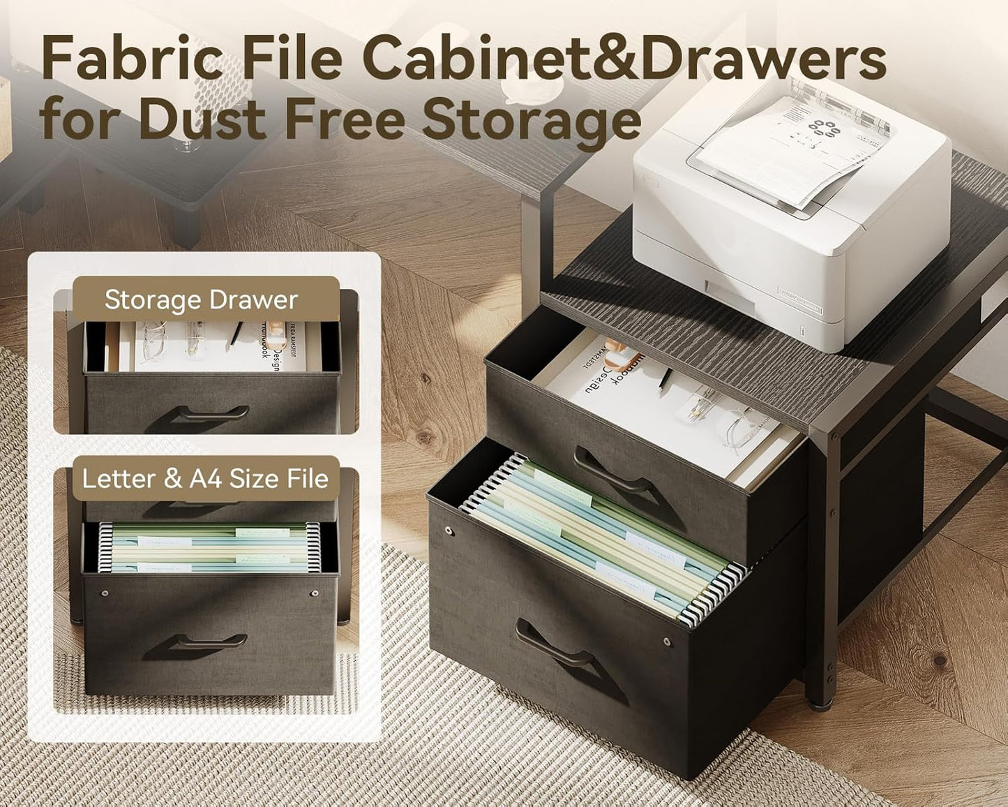 Casaottima L Shaped Desk with Drawers & File Cabinet, Computer Desk with Storage Shelves & CPU Stand, Corner Desk with Power Outlets, Reversible L Desk for Gaming, Home Office, Black