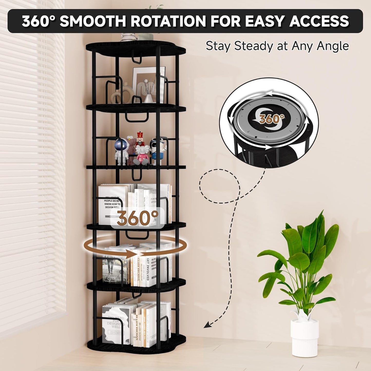 5-Tier Rotating Book Shelf, 360° Display Spinning Bookshelf Tower, Book Organizer, Floor Standing Bookcases for Small Space, Corner Book Shelf for Bedroom, Living Room, Study Room (Black)