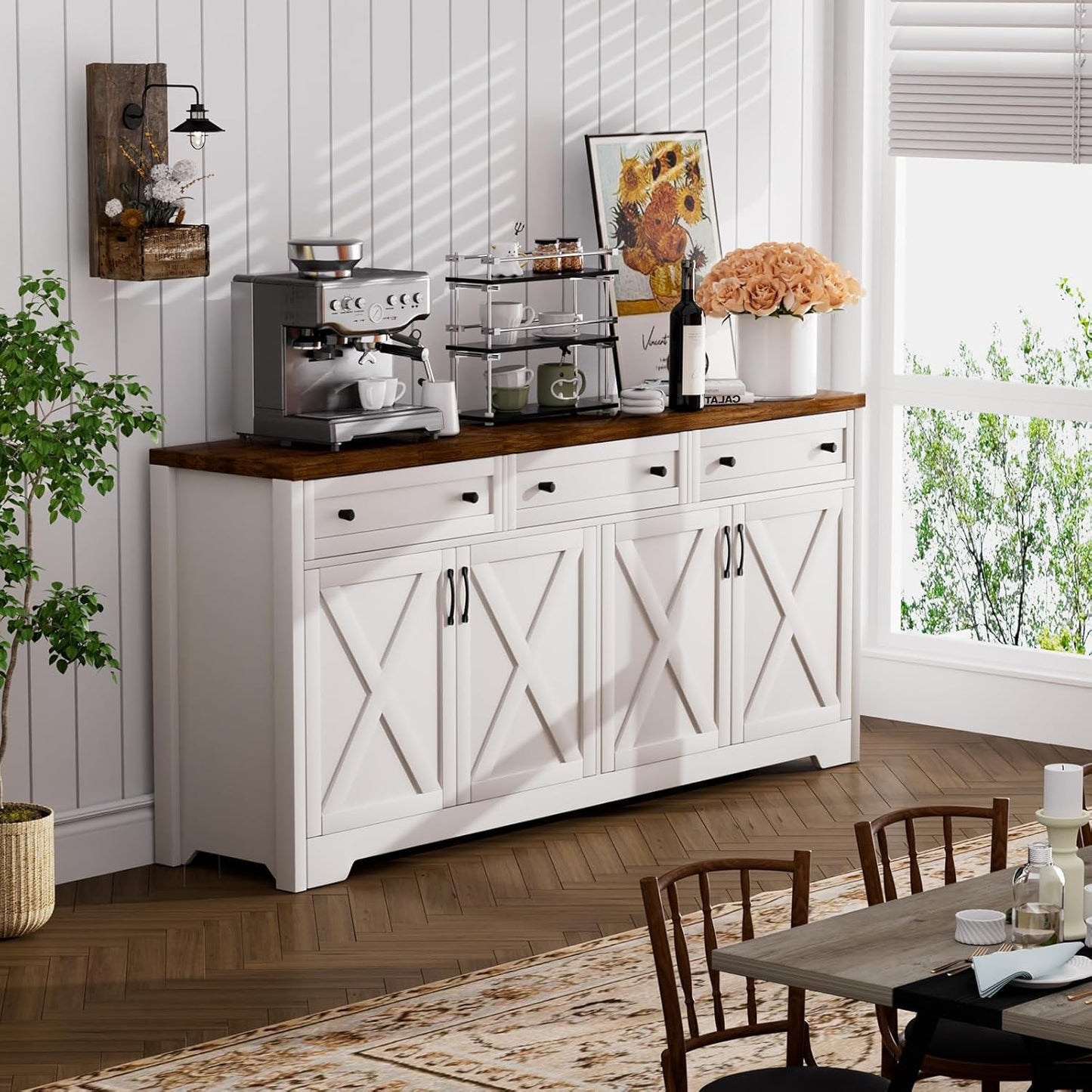 66'' Farmhouse Sideboard Buffet Cabinet with Storage, Large Kitchen Storage Cabinet with Barn Doors Drawers, Brown Coffee Bar Table for Dining Room Kitchen