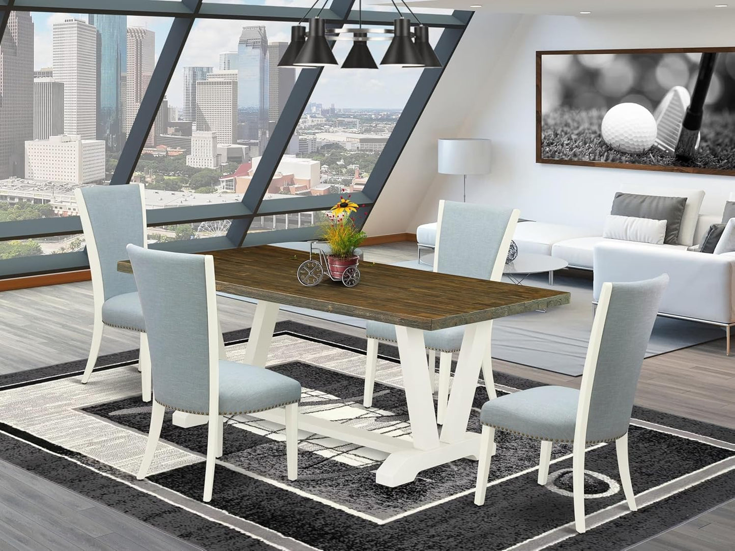 East West Furniture V077VE215-5 5 Piece Dining Set Includes a Rectangle Dining Room Table with V-Legs and 4 Baby Blue Linen Fabric Upholstered Chairs, 40x72 Inch, Multi-Color