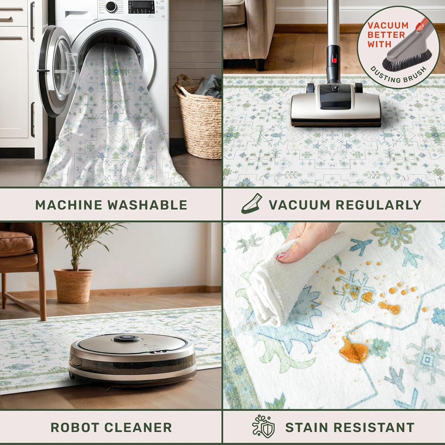 Blue and Green 2x6 Boho Bathroom Runner - Modern Vintage Eclectic Floral Pastel Geometric Oushak Runners, Washable Low Pile Non Slip Small Area Rugs for Kitchen, Hallway, Bedroom, Laundry, Powder Room