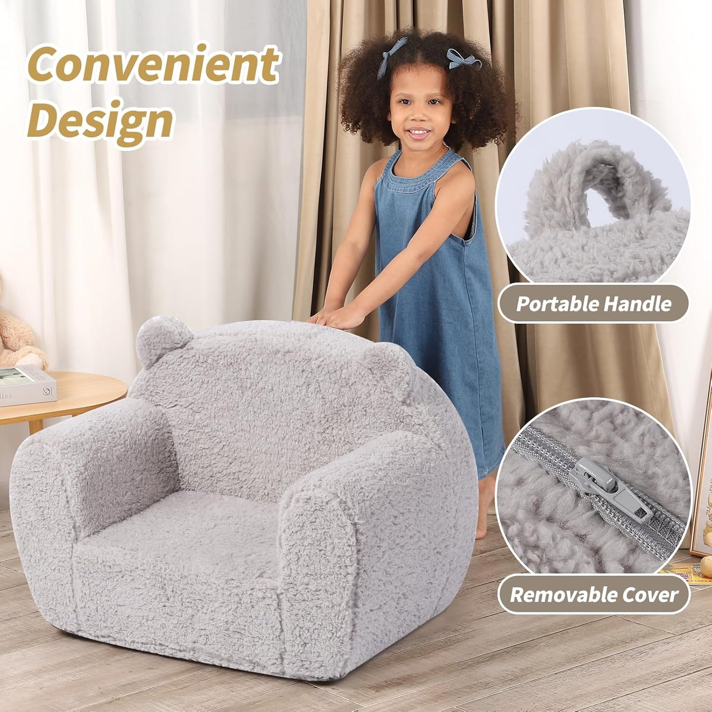 Kids Snuggly-Soft Sherpa Chair, Teddy Bear Cuddly Toddler Foam Chair for Boys and Girls, Grey