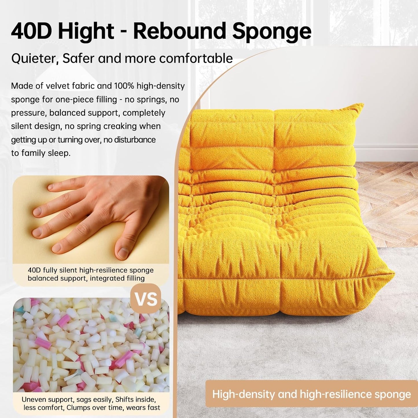 Bean Bag Chairs for Adults, BeanBag Reading Chair Memory Foam Couch, Floor Chair Soft Teddy Material, Comfy Reading Nook Chairs for Bedroom Living Room Office(Yellow)