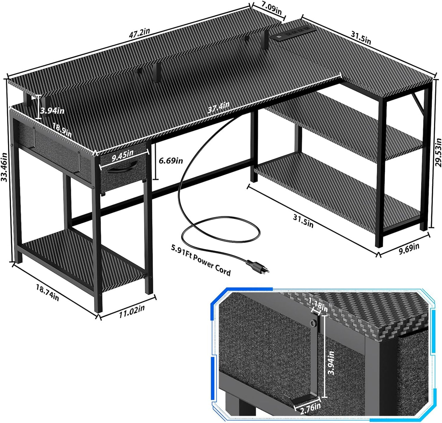47 inch Gaming Desk with USB Charging Ports and LED Light, Reversible L Shaped Desk, L Shaped Desk with Hook & Monitor Stand, Computer Desk with Drawer and Shelves for Home Office Bedroom
