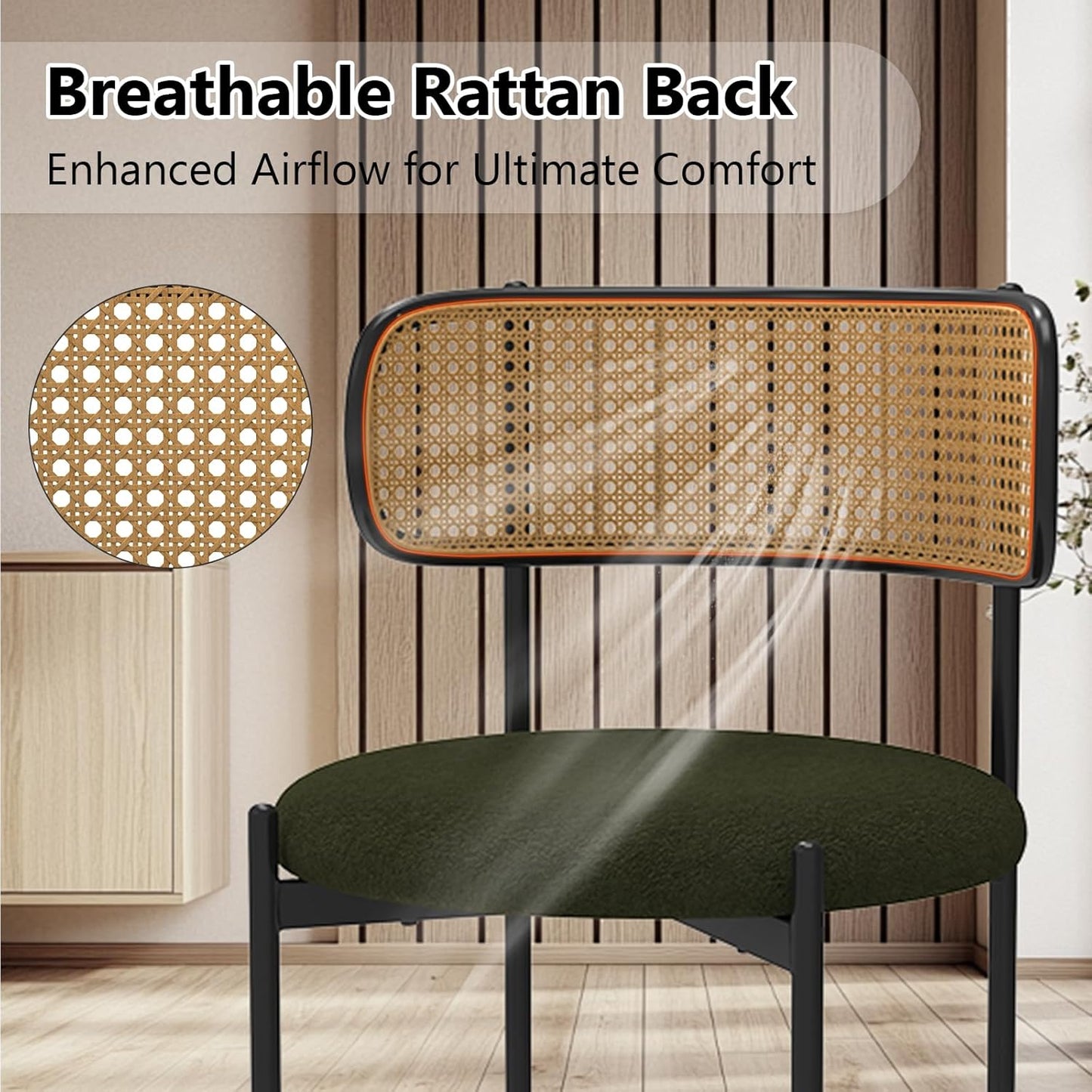 Mid Century Modern Dining Chairs Set of 2 with Rattan Backrest,Velvet Upholstered Accent Kitchen & Dining Room Chairs with Sturdy Metal Frame,Green