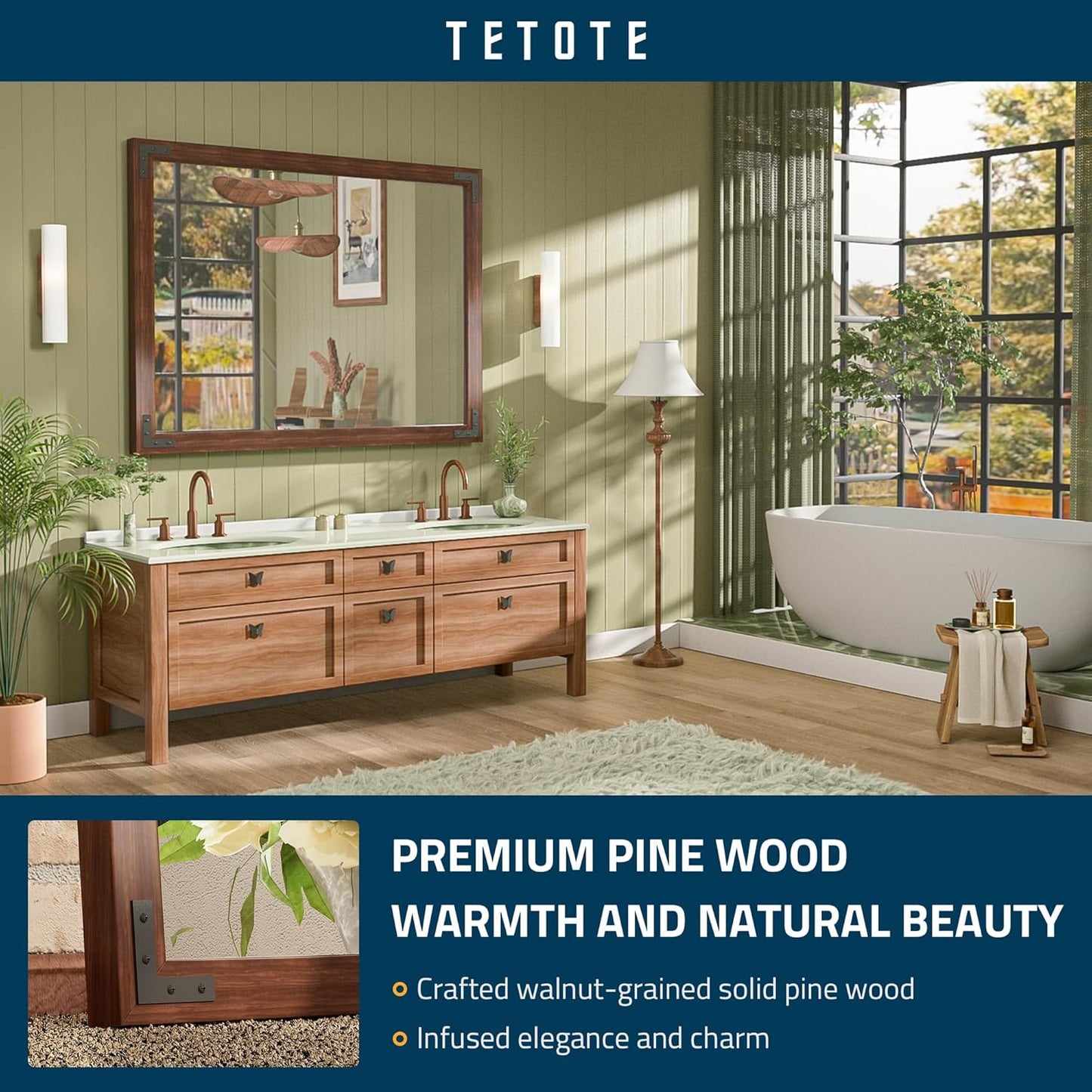 TETOTE 40 x 30 Walnut Wood Mirror for Bathroom Wall/Bedroom/Living Room/Entryway Farmhouse Rustic Bathroom Vanity Mirror Waterproof (Horizontal/Vertical Mounted)